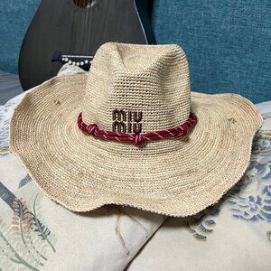Miu Miu Women's Summer Holiday Sun Hat: Tan Straw Hat with Light Red Accents